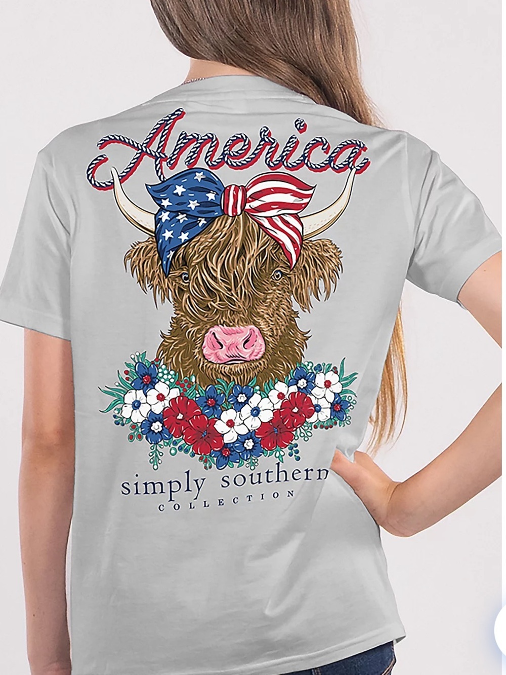 Simply Southern Girls American Highland Cow Patriotic Tee Size YL